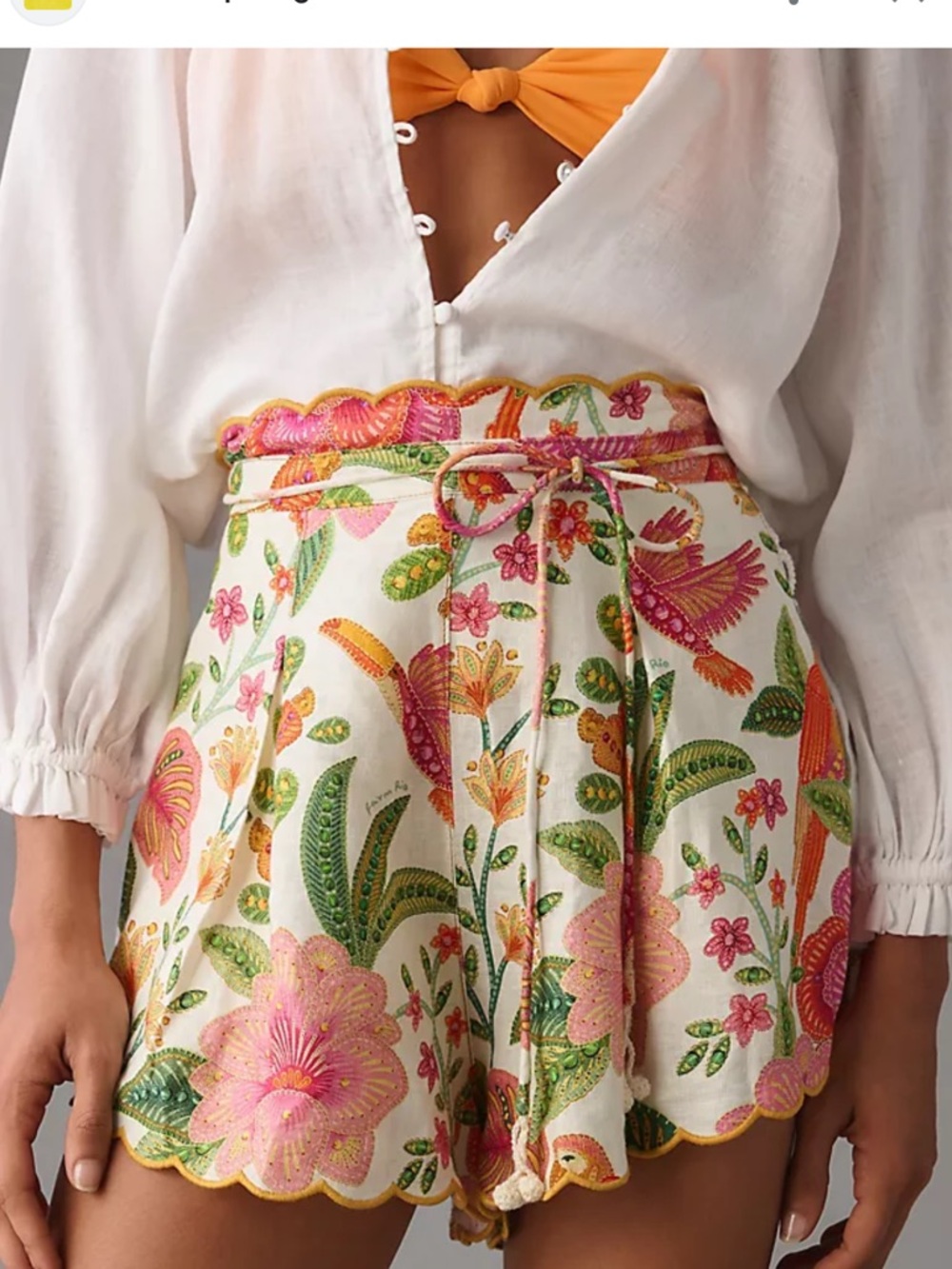 NEW Farm Rio Macaw Bloom Tropical Off White High Waist Linen Shorts Size XL